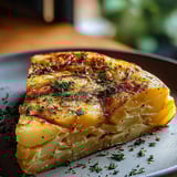 Un trozo de tortilla con hierbas frescas encima.