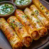 Un plato con taquitos dorados y salsa al lado.
