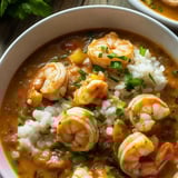 Un plato de camarones y arroz.