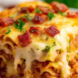 Vista cercana de una cazuela con queso y tocino.