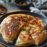Un trozo de tortita con hierba fresca encima.