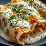 Un plato servido con salsa blanca.
