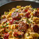 Un bowl de pasta con salchicha y pimientos.