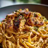 Un plato de pasta con pollo y hierbas.