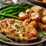 Un plato con pollo, papas y ejotes verdes.
