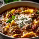 Un plato con pasta, carne y queso.