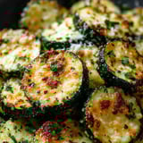 Un plato con zucchini asado, queso y hierbas.
