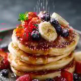 Una torre de pancakes con fresas y plátanos arriba.