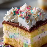 Rebanada de pastel con cobertura blanca y chispas de colores.