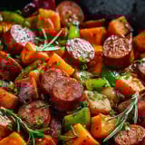 Foto cercana de un delicioso plato de salchicha con verduras.