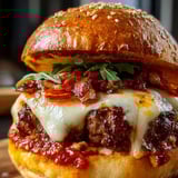 Hamburguesa vista de cerca con queso y bacon.