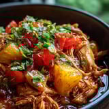 Un bol con comida, tomates y piña.