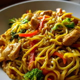 Un plato de fideos con verduras y carne.