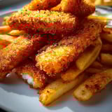 Un plato con papas fritas y palitos de pescado.
