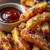 Un bol con tiras de manzana estilo papas fritas con ketchup.