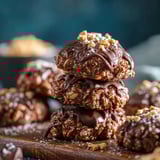 Galletas de chocolate con nuez sobre una bandeja de madera.