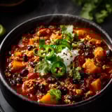 Una olla negra con chili, tomates, pimientos, cebolla y ajo mezclados.