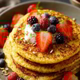 Un plato con panqueques coronado con fresas, arándanos y frutos secos.