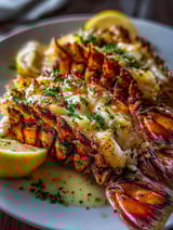 Colas de langosta a la parrilla con mantequilla de ajo y limón.