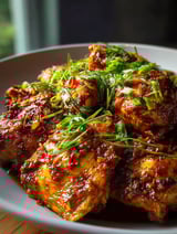 Un plato con pollo dulce y ajo hecho en crockpot.