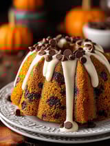 Bizcocho bundt con chocolate y glaseado blanco.