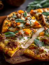 Pizza con calabaza, pavo y salvia sobre tabla de madera
