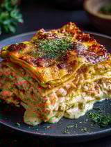 Una lasaña de mariscos deliciosa en un plato.