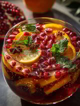 Un vaso con fruta y una rodaja de limón.