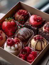 Caja con chocolates y fresas deliciosas.