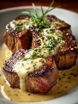 Un plato sabroso de carne con salsa.