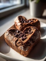 Un plato sabroso con dos panes en forma de corazón con chispas de chocolate.