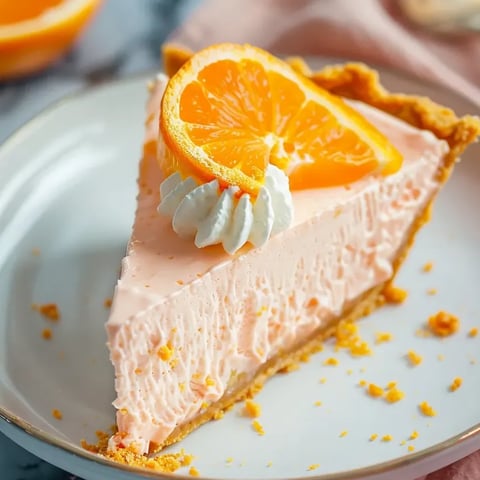 Una porción de Pastel Cremoso de Naranja con una rodaja de naranja encima.