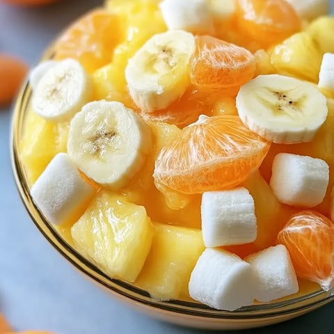 Un tazón de ensalada de frutas con plátanos, naranjas y malvaviscos.