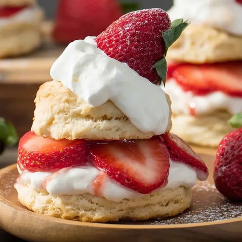 Una torre de bizcochos con fresas y crema batida.