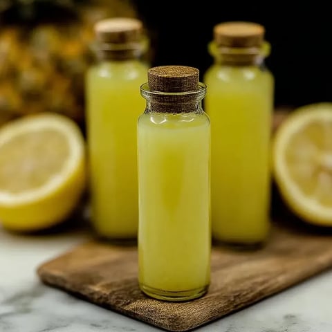 Tres botellas de chupitos saludables de piña, coco, limón y jengibre.