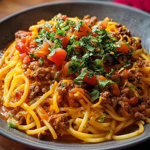 Un plato de espaguetis con carne y jitomates.