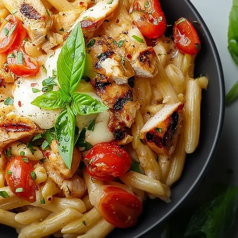 Un plato de pasta con pollo y mozzarella.