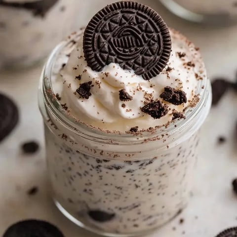 Un vaso de Cheesecake de Oreo sin hornear.