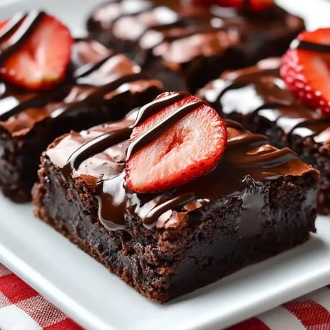 Un plato de brownies de chocolate cubiertos con fresas.