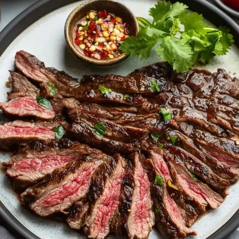 Un plato de carne en rodajas con un tazón de condimentos.