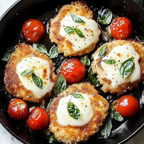 Una sartén con filetes de pollo italiano con albahaca.