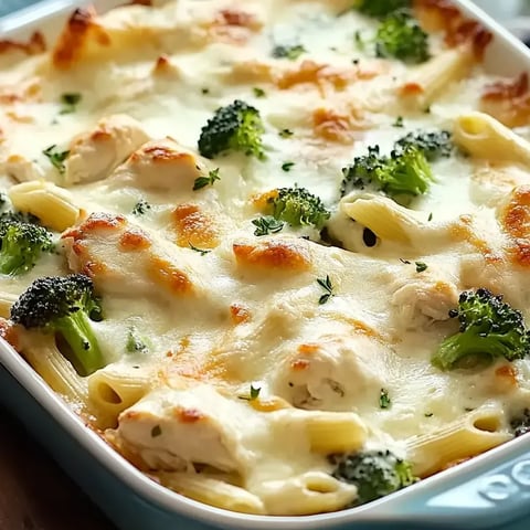 Un plato de pollo y brócoli alfredo horneado.