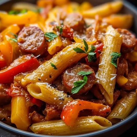 Un plato de pasta con salchicha y pimientos.