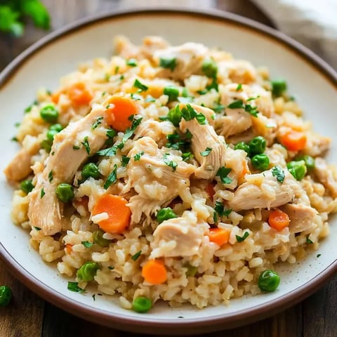 Un bol de arroz con pollo y guisantes.