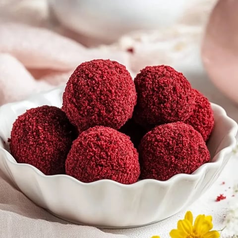 Un tazón de bocaditos de tarta de queso con terciopelo rojo.
