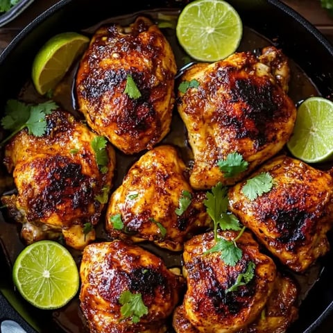 Una sartén de muslos de pollo con chile y lima.