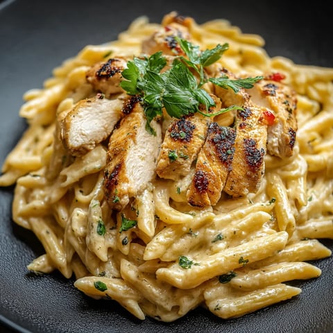 Un plato de pollo y pasta con adorno verde.