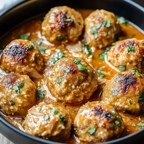 Un tazón de albóndigas en salsa marrón.
