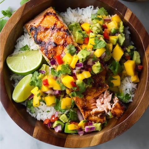 Un plato de salmón a la parrilla con salsa de mango.