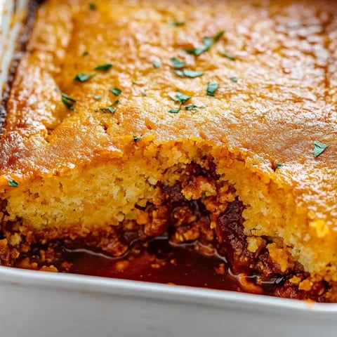 Un plato horneado con cobertura de pan de maíz y relleno de pollo BBQ.